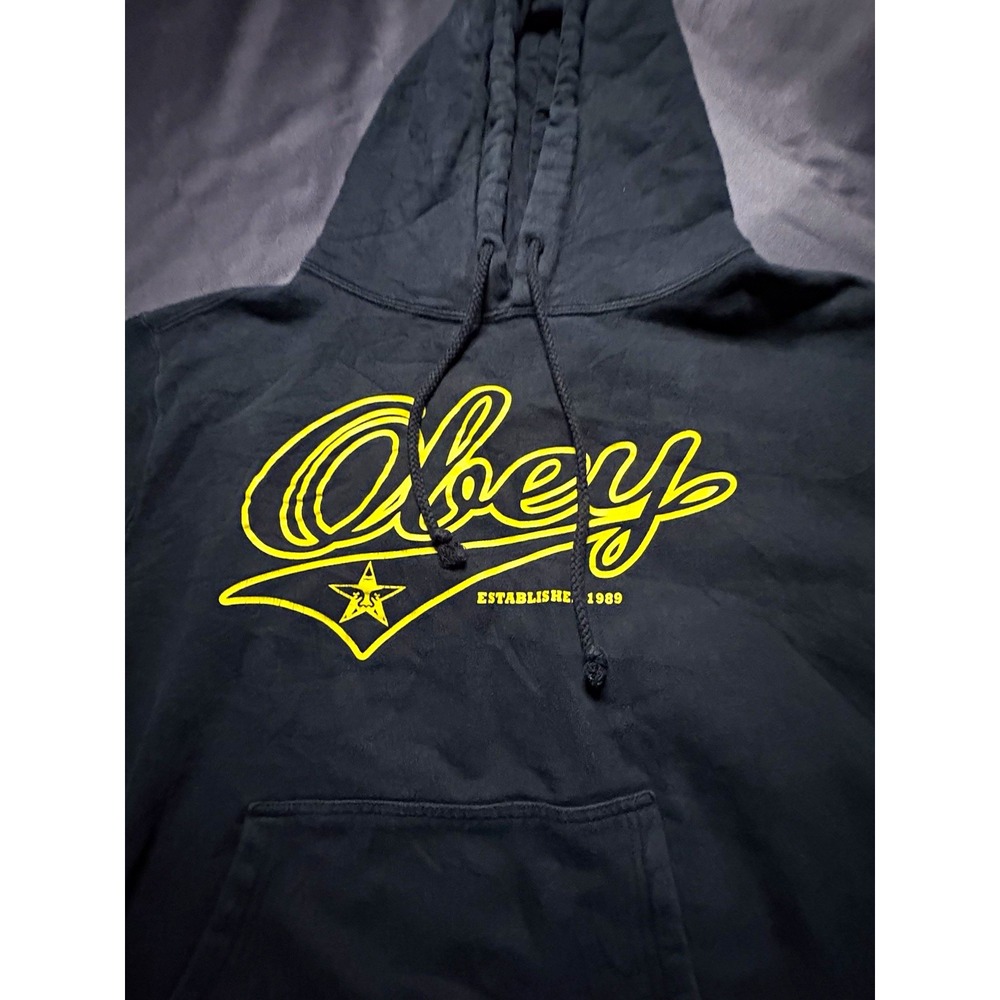 OBEY Black Pullover Hoodie Yellow Logo Graphic Drawstring Pocket Men L
